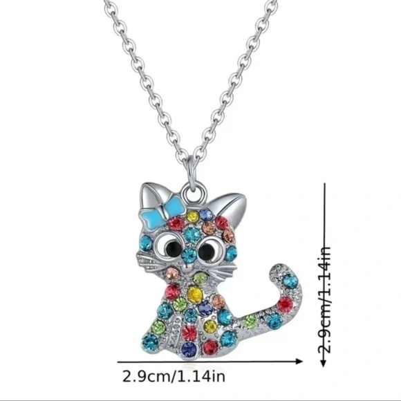 NEW Silver colorful Rhinestone Kitty Cat Pendant Necklace - Picture 2 of 3